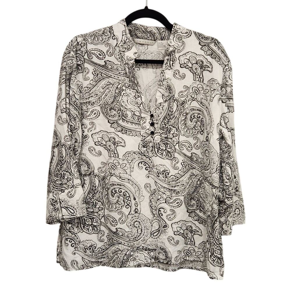 Tweeds Black White Paisley Print Linen Blouse Tunic Womens Size XL